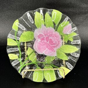 Sydenstricker 6 3/4 Fused Glass Bowl Candy Dish  With Pink Roses & Leaves